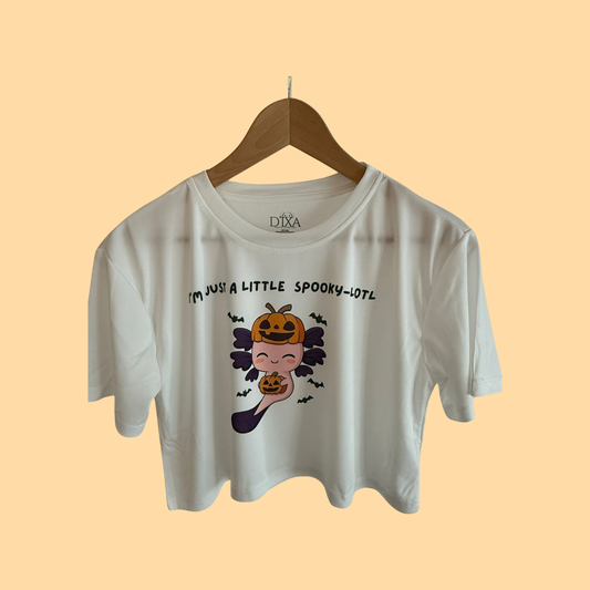 "Just A Little Spooky-lotl" Halloween Crop Top - White