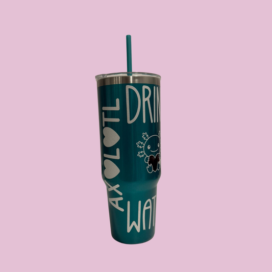 "Drink Axolotl Water" Stainless Steel Tumbler with Straw Tumbler 40 oz - Blue